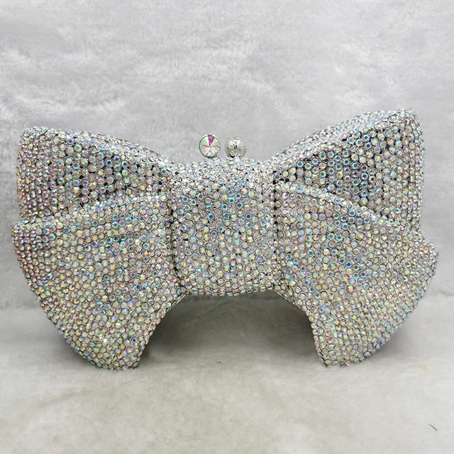 New Luxury Women Crystal Evening Clutch Blue/Green/Orange Diamond Rhinestone Bow Purses Lady Wedding Bridal Handbags Metal Bags