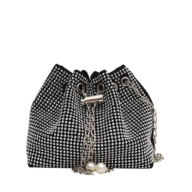 Women Fashion Diamonds Rhinestone Bucket Bags Retro Pearl Chain Ladies Shoulder Bags Shiny Small Crossbody Bags Female Handbags