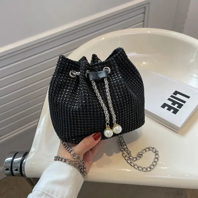 Women Fashion Diamonds Rhinestone Bucket Bags Retro Pearl Chain Ladies Shoulder Bags Shiny Small Crossbody Bags Female Handbags