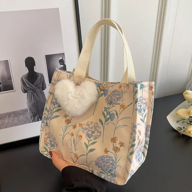 Flower Printed Women's Shoulder Bags 2023 Fashion Shopping Large Capacity Handbag Student Girls Canvas Book Tote with Pendant