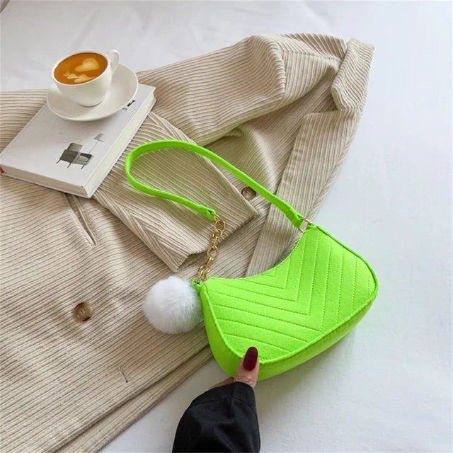 ISKYBOB Women Felt Mini Shoulder Bag Underarm Bags with Plush Pendant Solid Color Casual Handbags Female Pouch Light Weigh Bag