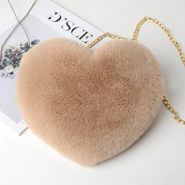 Fashion Women's Heart Shaped Handbags Cute Faux Fur Crossbody Bags  Lady Soft Plush Chain Shoulder Bag Shopper Totes