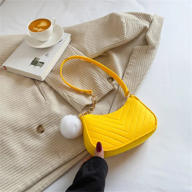 ISKYBOB Women Felt Mini Shoulder Bag Underarm Bags with Plush Pendant Solid Color Casual Handbags Female Pouch Light Weigh Bag