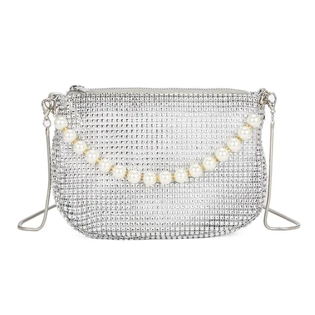 Pearl Full Rhinestone Delicate Handbag Fashion Shiny Gold Party Dinner Bag Shoulder Bag Elegant Silver Women'S Phone Money Purse