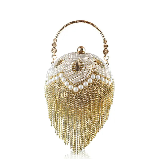 DG PEAFLOW Round Circular Gold Diamond Tassel Bridal  Women Evening Party Crystal Clutch Bag Wedding Wristlets Purse