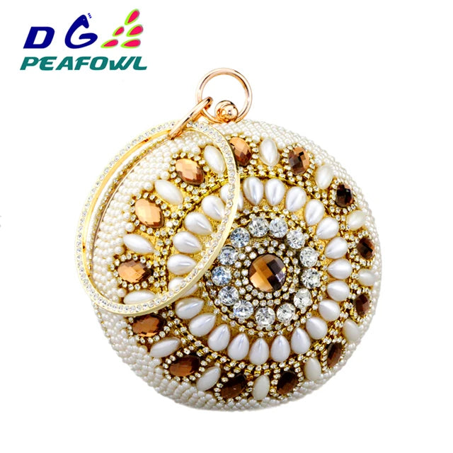 DG PEAFLOW Round Circular Gold Diamond Tassel Bridal  Women Evening Party Crystal Clutch Bag Wedding Wristlets Purse