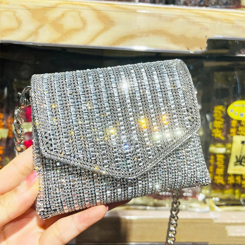 Female Bling Chain Crossbody Bag Ladies Mini Rhinestone Small Envelop Shoulder Purse Full Diamond Messenger Evening Bag