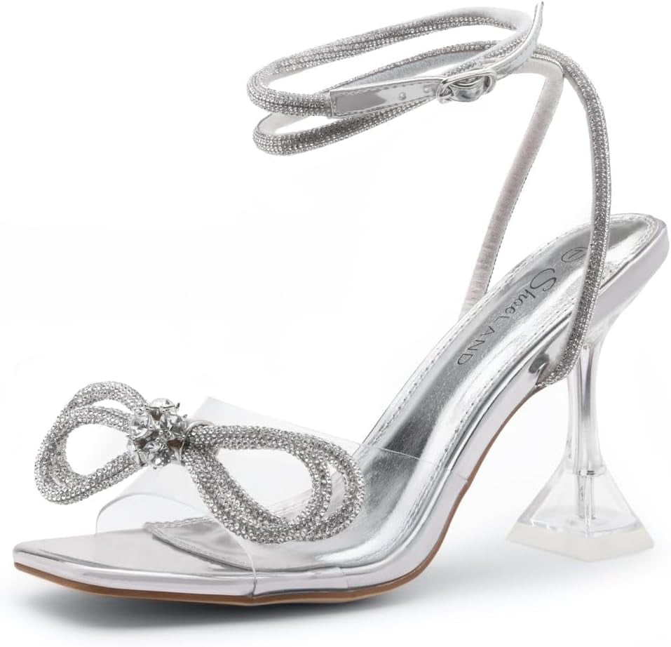 Womens SL-NAOMI Clear Heels Double Bowknots Crystal Sandals Square Open Toe Heeled Sandal for Prom Party Wedding