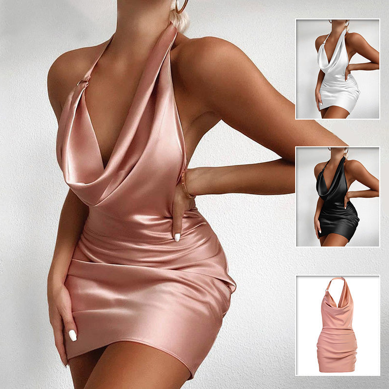 Elegant Sleeveless V-Neck Satin Party Dress with Backless Design