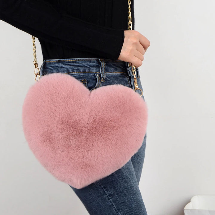 Fashion Women's Heart Shaped Handbags Cute Faux Fur Crossbody Bags  Lady Soft Plush Chain Shoulder Bag Shopper Totes