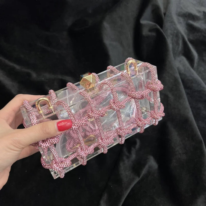 Crystal-Embellished Rope Acrylic Clutch Rhinestones Evening Shoulder Bag Crystal Women Luxury Clear Party Wedding Knot Bag