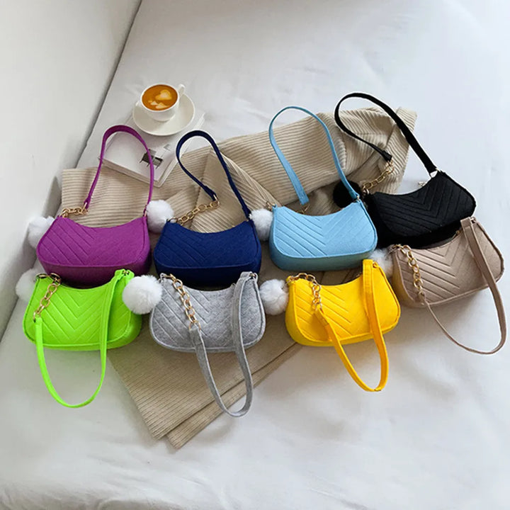 ISKYBOB Women Felt Mini Shoulder Bag Underarm Bags with Plush Pendant Solid Color Casual Handbags Female Pouch Light Weigh Bag