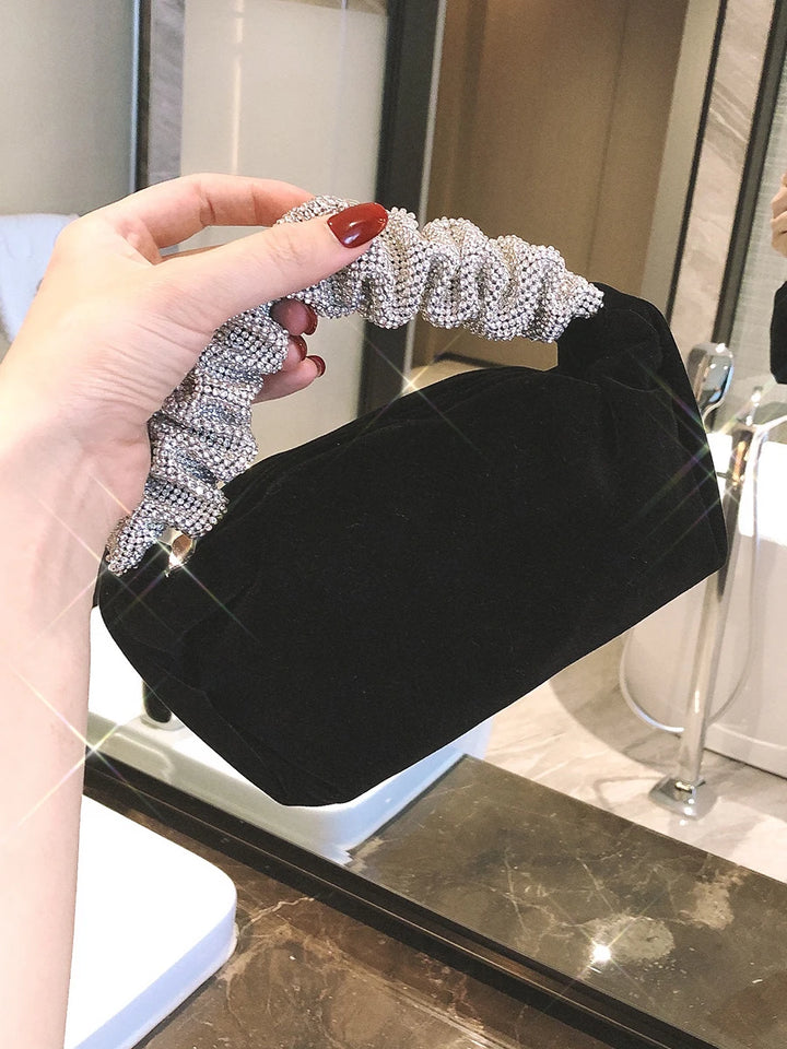 Formal Velvet Evening Clutch For Women Rhinestone Wedding Handbags Stylish Prom Cocktail Party Mini Purse Black