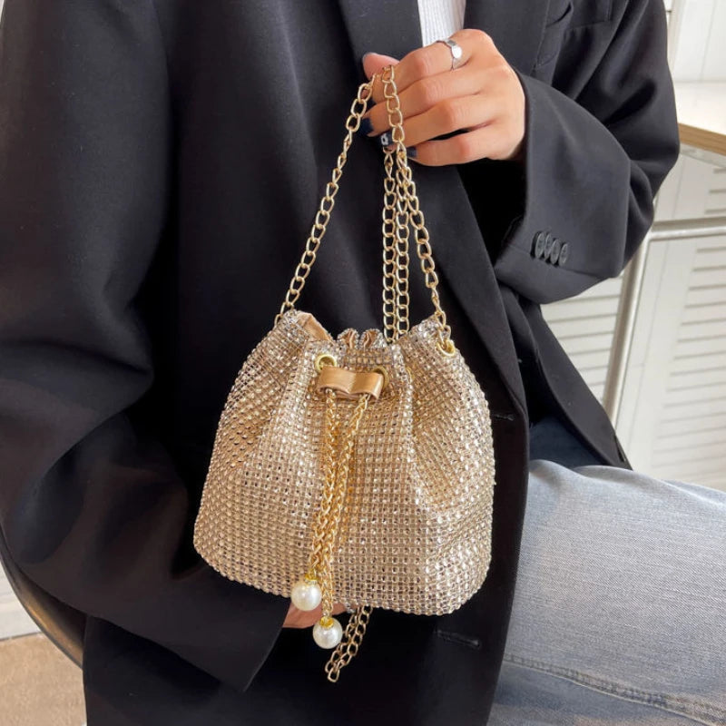 Women Fashion Diamonds Rhinestone Bucket Bags Retro Pearl Chain Ladies Shoulder Bags Shiny Small Crossbody Bags Female Handbags