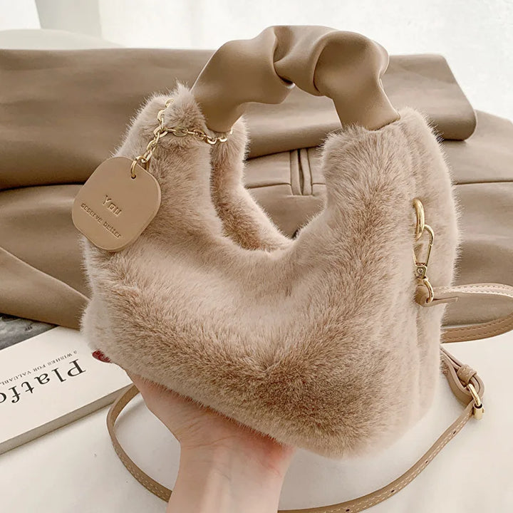 Women Faux Fur Handbags Zipper Small Lady Shoulder Bag Casual Tote Half-Moon Hobos Winder Crossbody Shopping Bag For Traveling