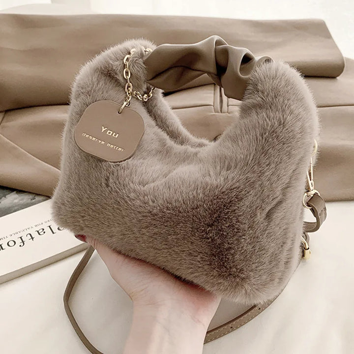 Women Faux Fur Handbags Zipper Small Lady Shoulder Bag Casual Tote Half-Moon Hobos Winder Crossbody Shopping Bag For Traveling