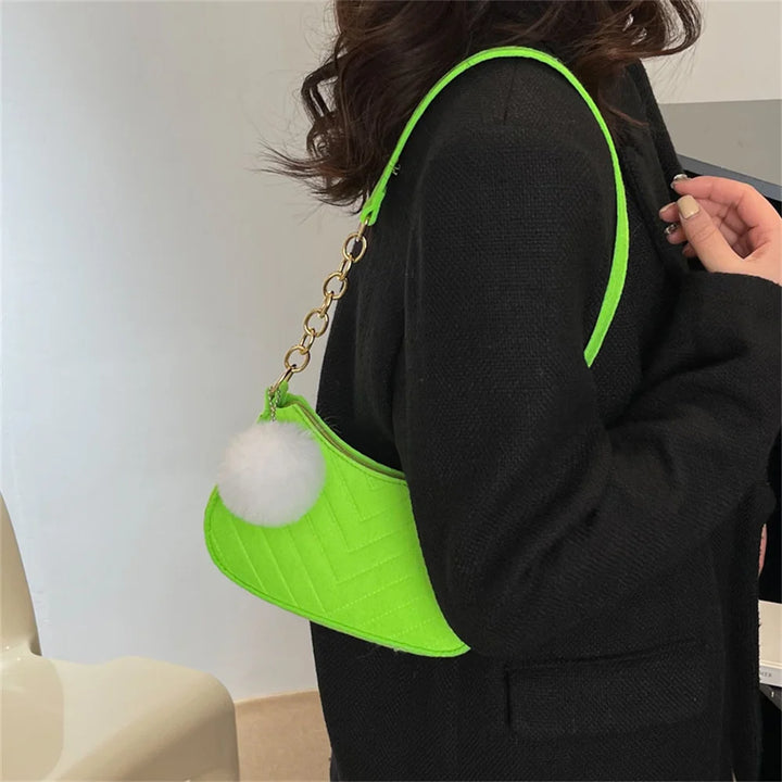 ISKYBOB Women Felt Mini Shoulder Bag Underarm Bags with Plush Pendant Solid Color Casual Handbags Female Pouch Light Weigh Bag