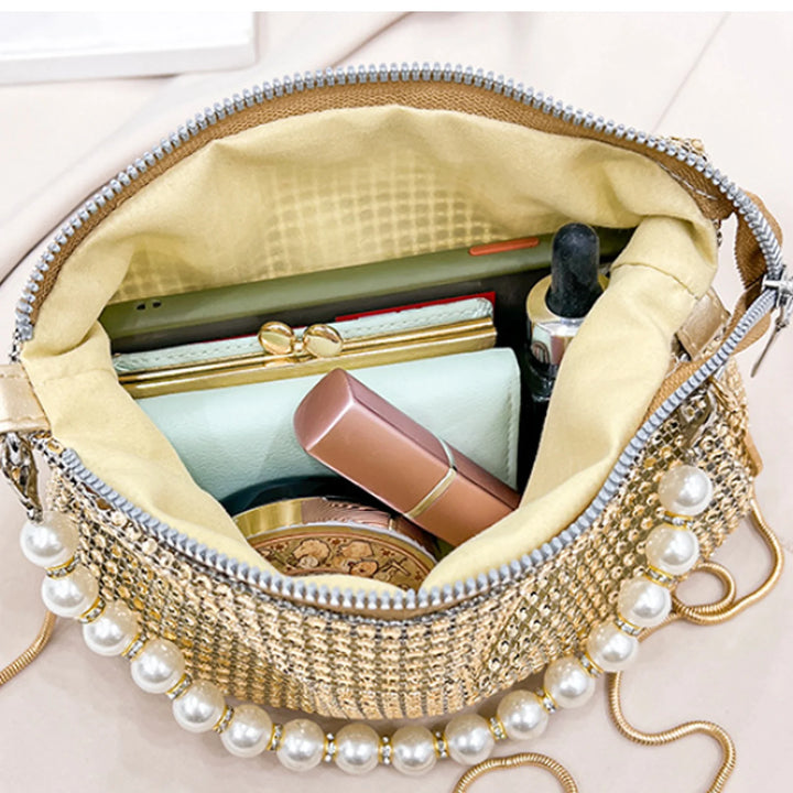 Pearl Full Rhinestone Delicate Handbag Fashion Shiny Gold Party Dinner Bag Shoulder Bag Elegant Silver Women'S Phone Money Purse