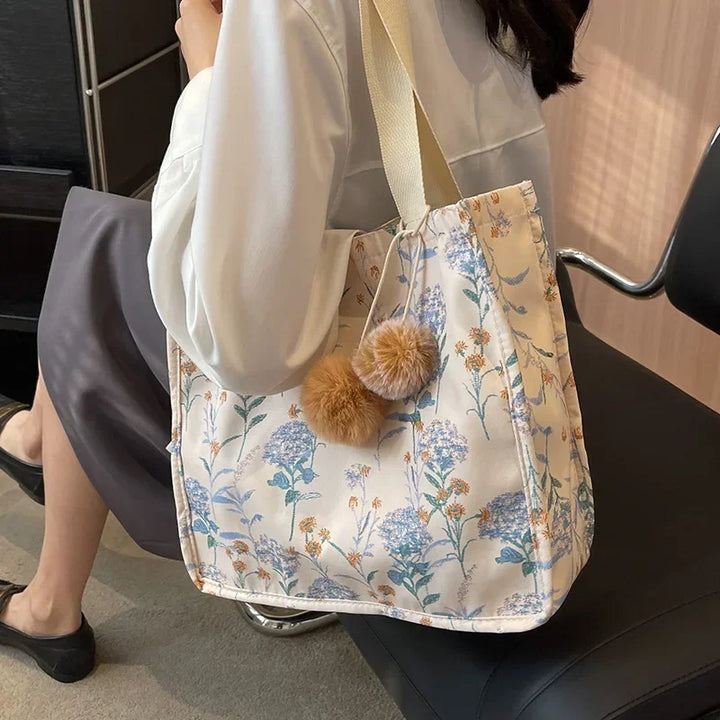 Flower Printed Women's Shoulder Bags 2023 Fashion Shopping Large Capacity Handbag Student Girls Canvas Book Tote with Pendant