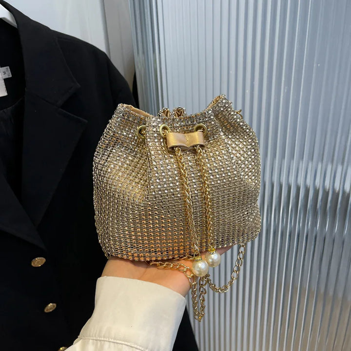 Women Fashion Diamonds Rhinestone Bucket Bags Retro Pearl Chain Ladies Shoulder Bags Shiny Small Crossbody Bags Female Handbags