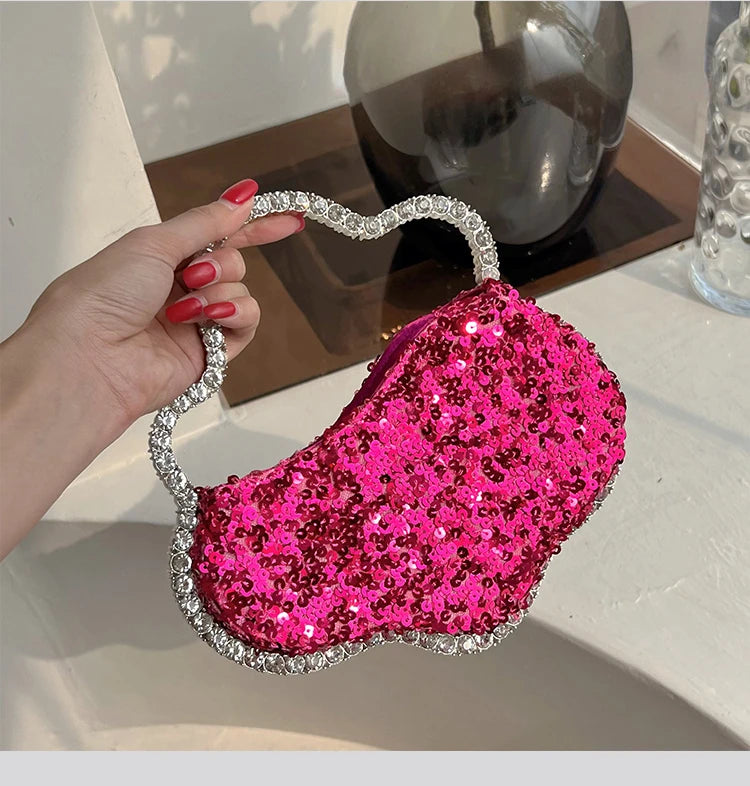 Women Pink Rhinestone Dinner Clutch Purse Ladies Handbags Party Bag Wedding Clutch Wrist Bag Women Diamond Circular Evening Bag