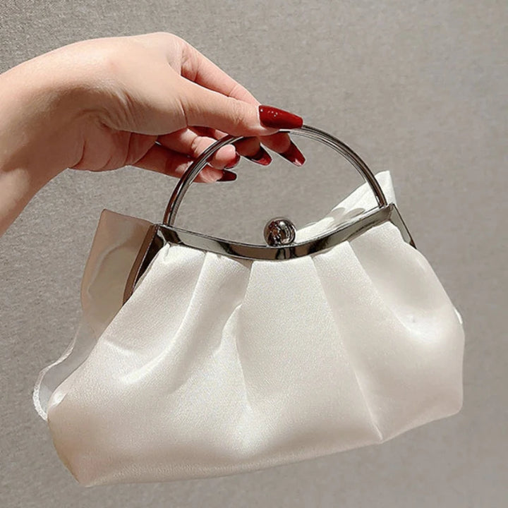 White Satin Bow Fairy Evening Bags Clutch Metal Handle Handbags for Women Wedding Party Bridal Clutches Purse Chain Shoulder Bag