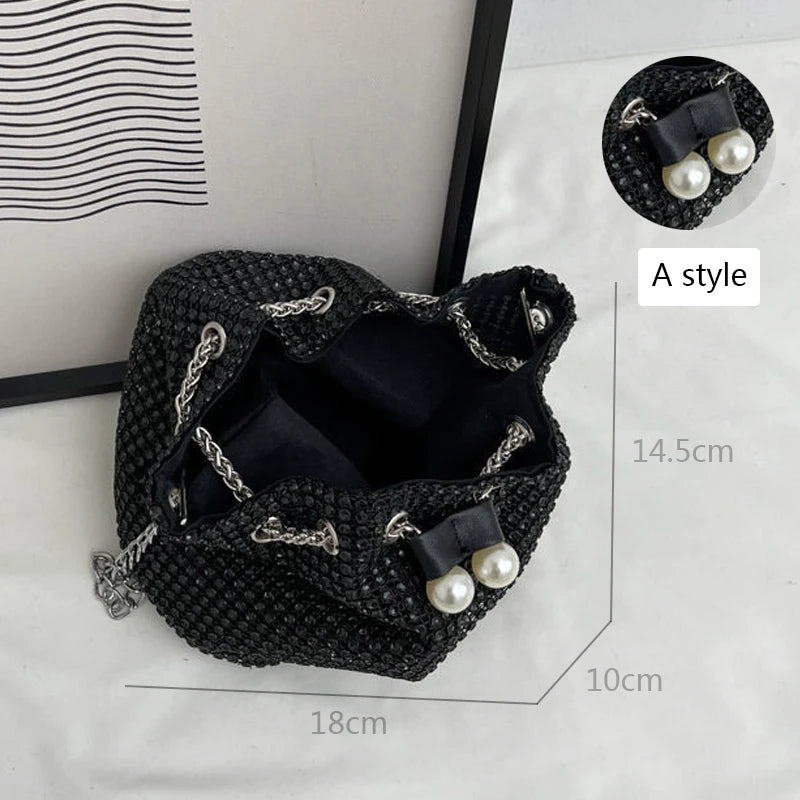 Women Fashion Diamonds Rhinestone Bucket Bags Retro Pearl Chain Ladies Shoulder Bags Shiny Small Crossbody Bags Female Handbags