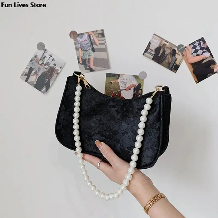 Flower Pattern Elegant Bags Women Retro Fashion Shoulder Purse Ladies Wedding Party Handbags White Pearl Chains Totes Classic