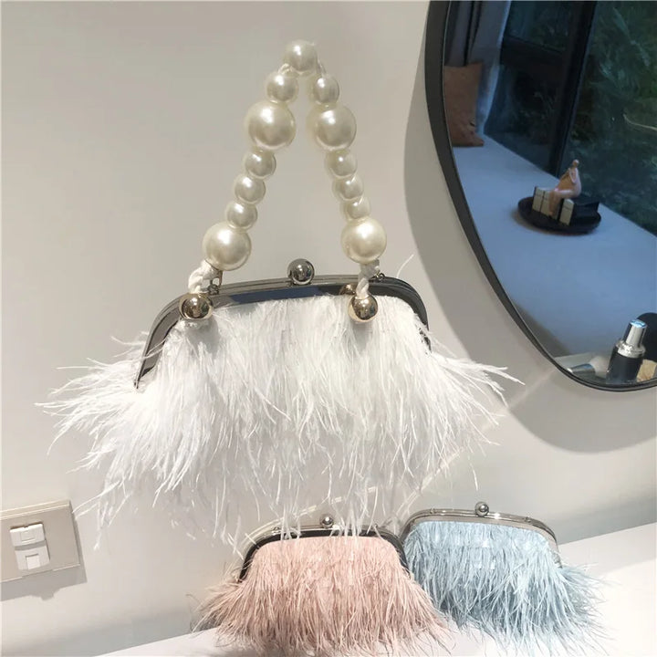 Luxury brand Handle Bag Female Wallet Retro Lux Shoulder Bag New 2022 Fashion Temperament Feathers Pearl Chain Crossbody Clutch