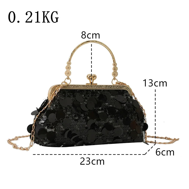 Women Luxury Evening Clutch Bag Wedding Golden Sequins Clutch Purse Chain Shoulder Bags Small Party Handbag With Metal Handle