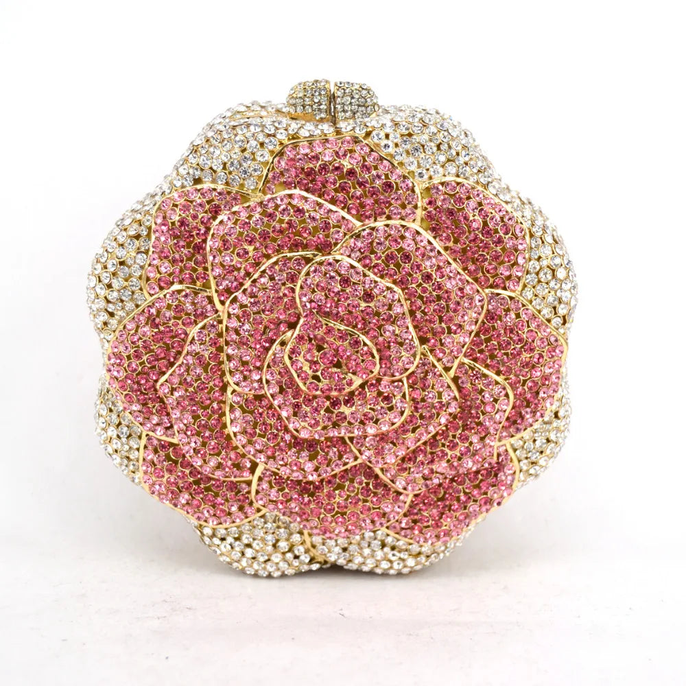 Pink Rose Flower Shaped Crystal Clutch bag free shipping diamond colorful Handmade Evening bags Bridal purse Customized SC021