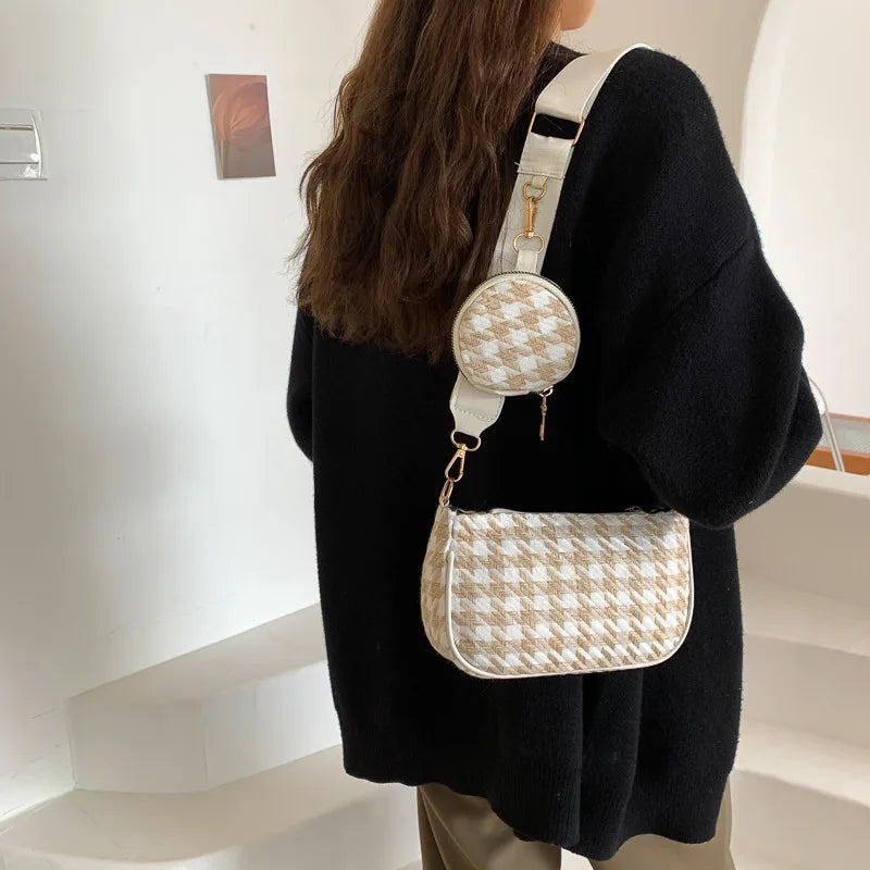 Female Vintage Plaid Printing Shoulder Bags with Mini Round Purse Pendant Women's Bag Casual Small Crossbody Bags 2pcs Composite