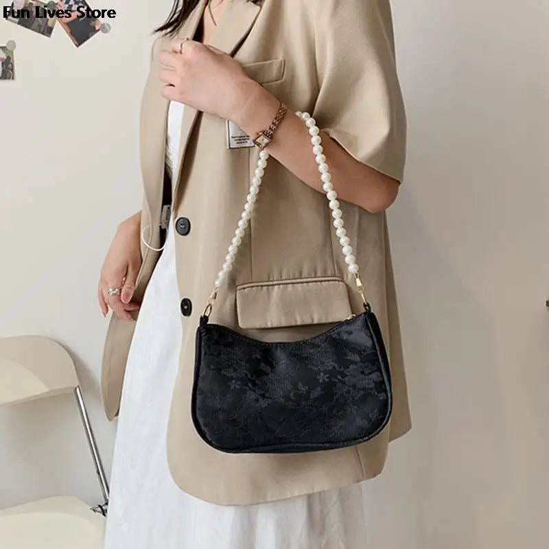 Flower Pattern Elegant Bags Women Retro Fashion Shoulder Purse Ladies Wedding Party Handbags White Pearl Chains Totes Classic