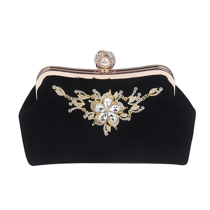 Female Diamond Pearl Handbag Vintage Crystal Flower Evening Bag Wedding Party Bride Clutch Bag Purse(Black)