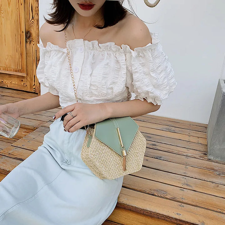 Hex-shape Mulit Style Straw+leather Handbag Women Summer Rattan Bag Handmade Woven Beach Circle Bohemia Shoulder Bag New Fashion