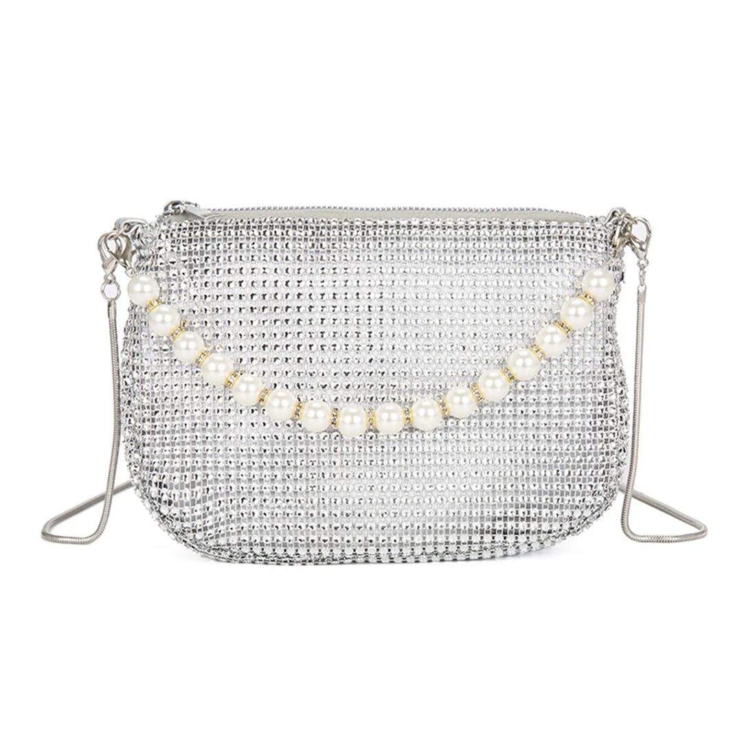 Pearl Full Rhinestone Delicate Handbag Fashion Shiny Gold Party Dinner Bag Shoulder Bag Elegant Silver Women'S Phone Money Purse