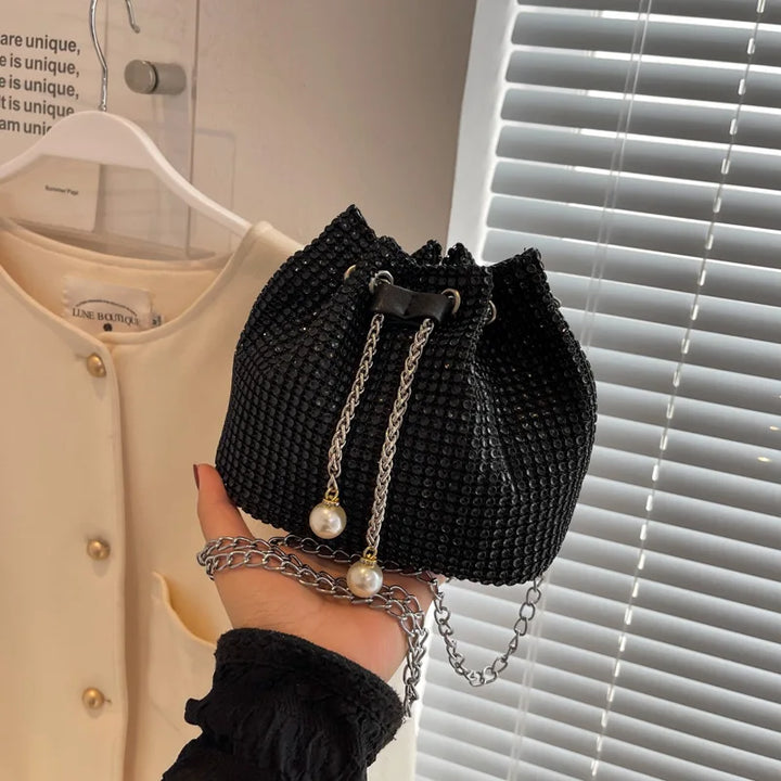 Women Fashion Diamonds Rhinestone Bucket Bags Retro Pearl Chain Ladies Shoulder Bags Shiny Small Crossbody Bags Female Handbags