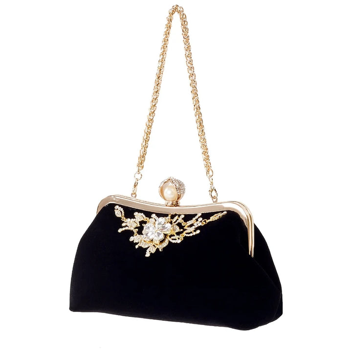 Female Diamond Pearl Handbag Vintage Crystal Flower Evening Bag Wedding Party Bride Clutch Bag Purse(Black)