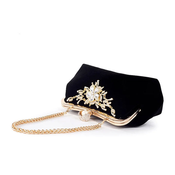 Female Diamond Pearl Handbag Vintage Crystal Flower Evening Bag Wedding Party Bride Clutch Bag Purse(Black)