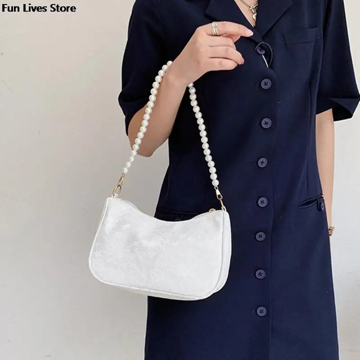 Flower Pattern Elegant Bags Women Retro Fashion Shoulder Purse Ladies Wedding Party Handbags White Pearl Chains Totes Classic