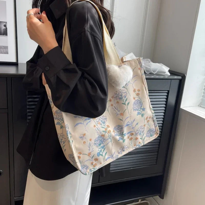 Flower Printed Women's Shoulder Bags 2023 Fashion Shopping Large Capacity Handbag Student Girls Canvas Book Tote with Pendant