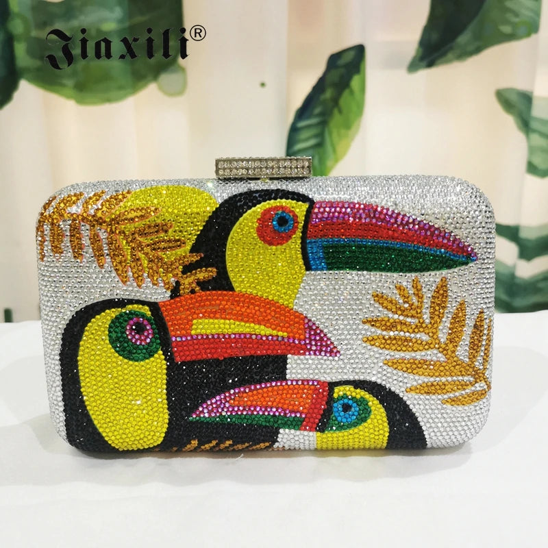 JIAXILI Woodpecker dinner bag Multicolored Evening Clutches Rhinestone Diamond Wedding Purse Elegant Women’s Shoulder bag clutch