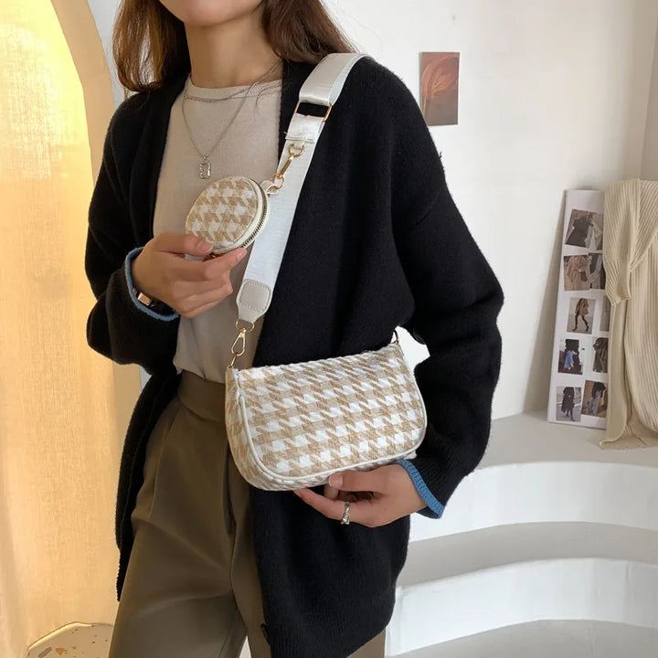 Female Vintage Plaid Printing Shoulder Bags with Mini Round Purse Pendant Women's Bag Casual Small Crossbody Bags 2pcs Composite