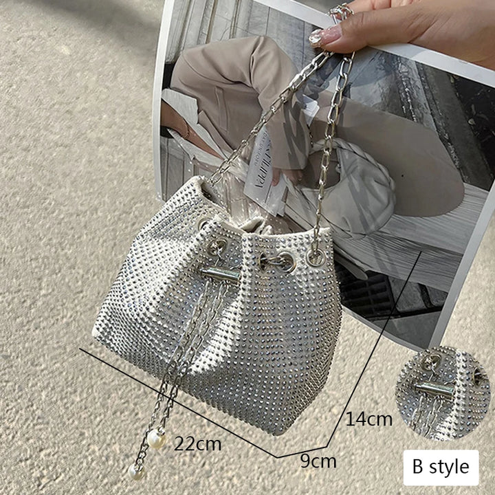 Women Fashion Diamonds Rhinestone Bucket Bags Retro Pearl Chain Ladies Shoulder Bags Shiny Small Crossbody Bags Female Handbags