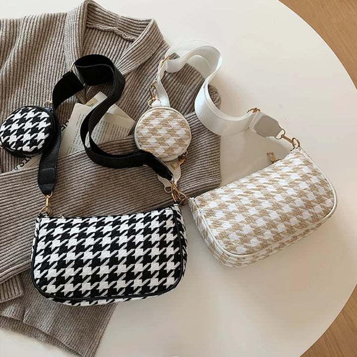 Female Vintage Plaid Printing Shoulder Bags with Mini Round Purse Pendant Women's Bag Casual Small Crossbody Bags 2pcs Composite