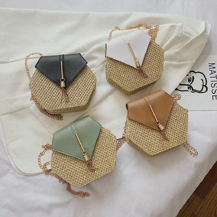 Hex-shape Mulit Style Straw+leather Handbag Women Summer Rattan Bag Handmade Woven Beach Circle Bohemia Shoulder Bag New Fashion