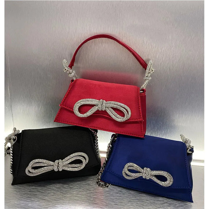 NEW Rhinestone Bow Fashion Handbags For 2022 Women Chic Boutique Shiny Crystal Satin Small Evening Clutch Purse Wedding Party