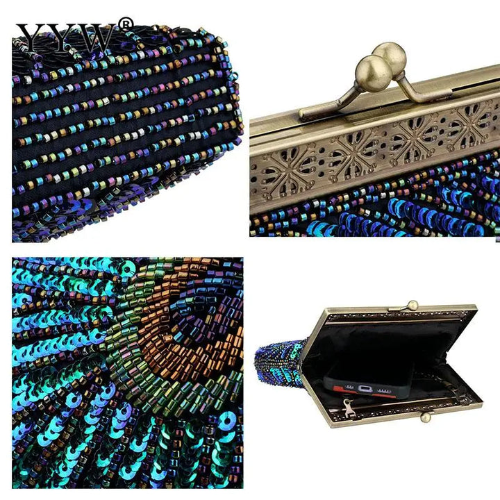 Luxury Antique Peacock Blue Evening Wedding Clutch Purse Women Sequin Beaded Party Cocktail Handbag with Metal Chain Soft Bag