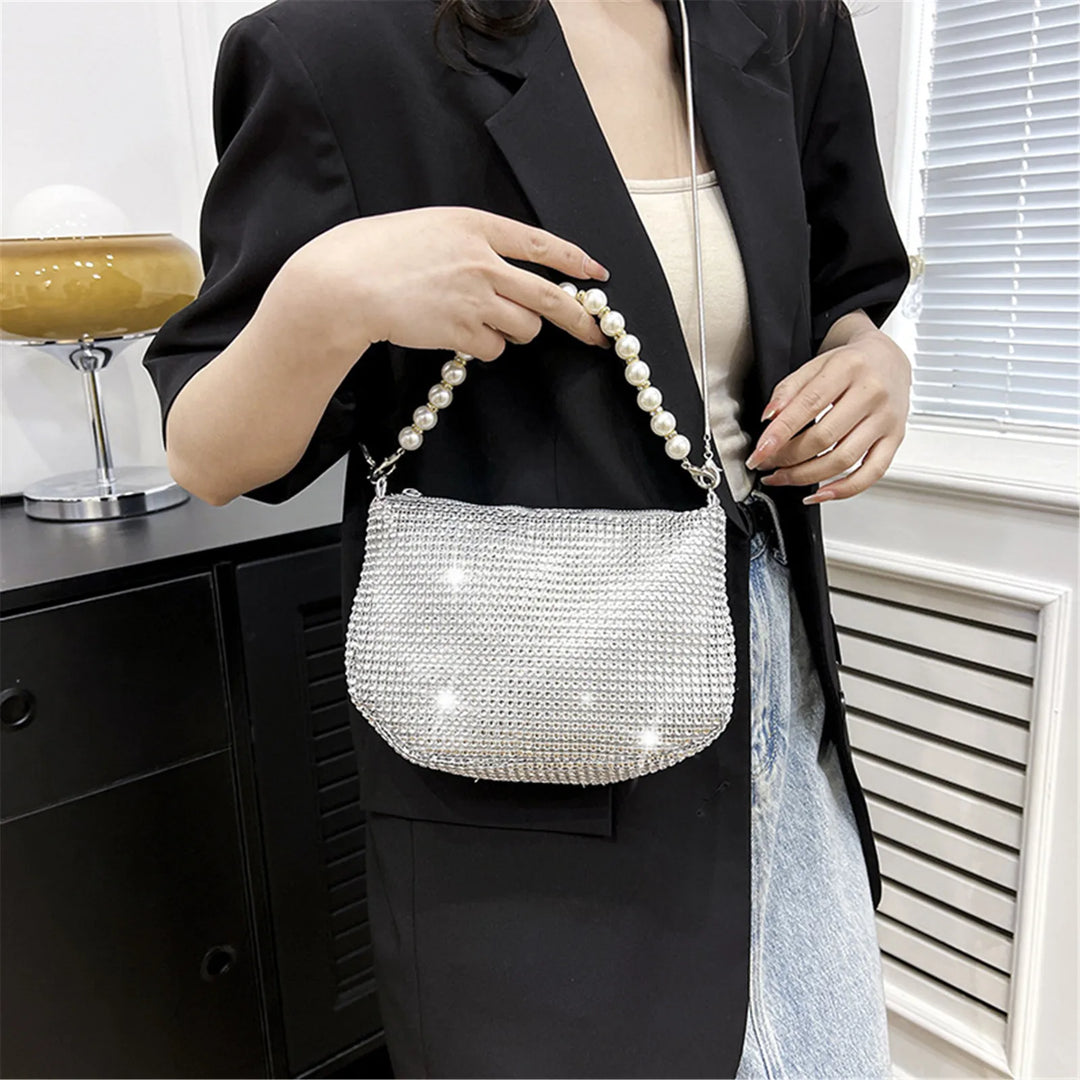 Pearl Full Rhinestone Delicate Handbag Fashion Shiny Gold Party Dinner Bag Shoulder Bag Elegant Silver Women'S Phone Money Purse