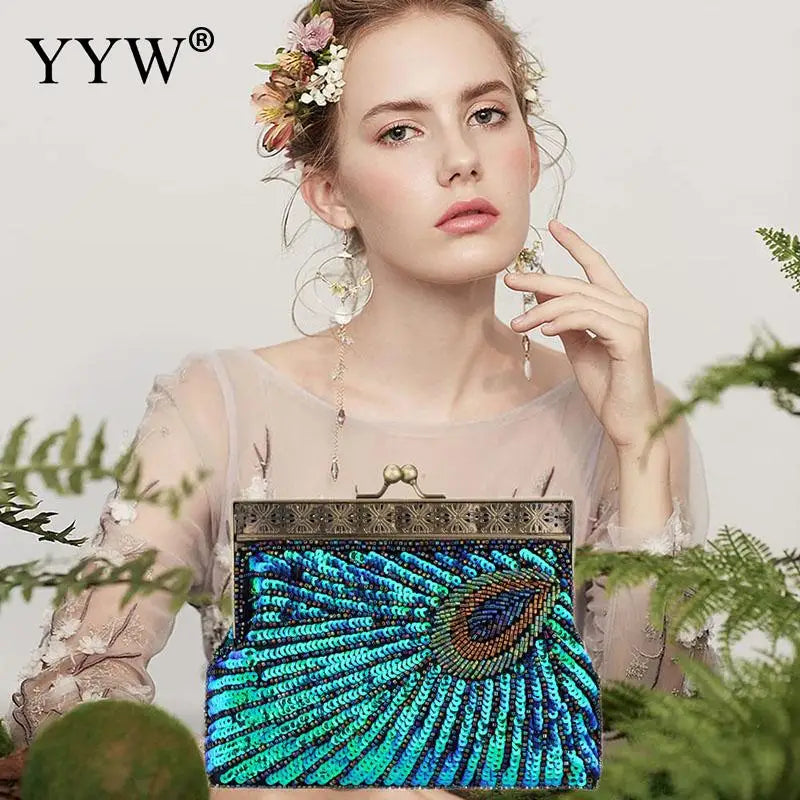 Luxury Antique Peacock Blue Evening Wedding Clutch Purse Women Sequin Beaded Party Cocktail Handbag with Metal Chain Soft Bag